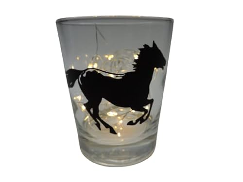 Lichtidee Teelicht Glas Windlicht Tischlicht Print mit galopierendes Pferd schwarz Handmade Unikat Ostern Muttertaggeschenk, Höhe 8cm, von Lichtidee