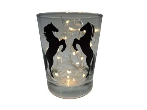 Lichtidee Teelicht Glas Windlicht Tischlicht Print mit steigende Pferde schwarz Handmade Unikat Ostern Muttertaggeschenk, Höhe 8cm, von Lichtidee