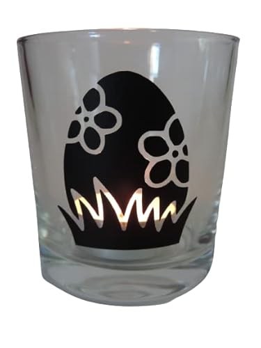 Lichtidee Teelicht Glas Windlicht Tischlicht Print schwarz mit Ei mit Blumen schwarz Herbst Handmade Unikat Geburtstag Ostern Muttertaggeschenk, Höhe 8cm, von Lichtidee