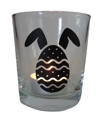 Lichtidee Teelicht Glas Windlicht Tischlicht Print schwarz mit Ei mit Ohren schwarz Herbst Handmade Unikat Geburtstag Ostern Muttertaggeschenk, Höhe 8cm, von Lichtidee