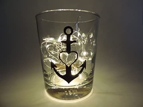 Lichtidee Teelicht Glas Windlicht Tischlicht Print schwarz mit Herz Anker schwarz Herbst Handmade Unikat Maritim Geburtstag Ostern Muttertaggeschenk, Höhe 8cm, von Lichtidee