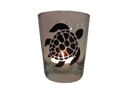 Lichtidee Teelicht Glas Windlicht Tischlicht Print schwarz mit Schildkröte/Turtle schwarz Herbst Handmade Unikat Maritim Geburtstag Ostern Muttertaggeschenk, Höhe 8cm, von Lichtidee