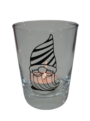 Lichtidee Teelicht Glas Windlicht Tischlicht Print schwarz mit Streifen Wichtel schwarz Herbst Handmade Unikat Maritim Geburtstag Ostern Muttertaggeschenk, Höhe 8cm, von Lichtidee