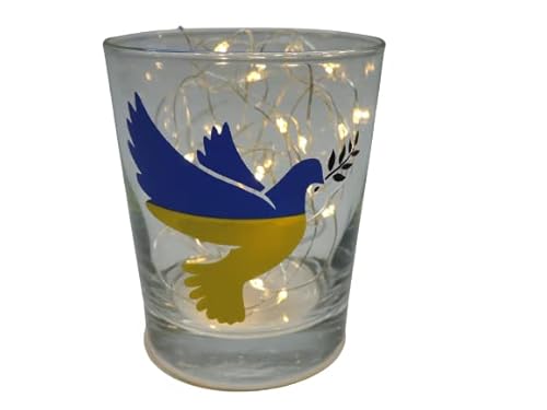 Lichtidee Teelicht Glas Windlicht Tischlicht solidarität Ukraine Print mit Friedenstaube gelb blau Handmade Unikat Frieden, Höhe 8cm, von Lichtidee