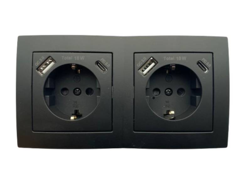 Lichtideen Schalter 2668 Levina sw/sw 2er Schukodose USB-C 18W +USB-A (Taster, Schalter, Antennendose, Steckdose mit USB lieferbar) von Lichtideen