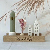 Geschenkset "Happy Birthday" Mit Dekohäusern Und Kerze, Kerzengeschenkset Trockenblumen von LichtliebeBodensee