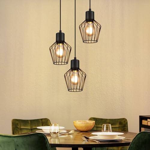 Lichtmaler Hängeleuchte 3 Flammig Pendellampe Rund - Pendelleuchte Schwarz LED E27 Metall Lampenschirm in Käfigform Retro Esstischlampen für Esszimmer Flur Cafe Schlafzimmer Wohnzimmer von Lichtmaler