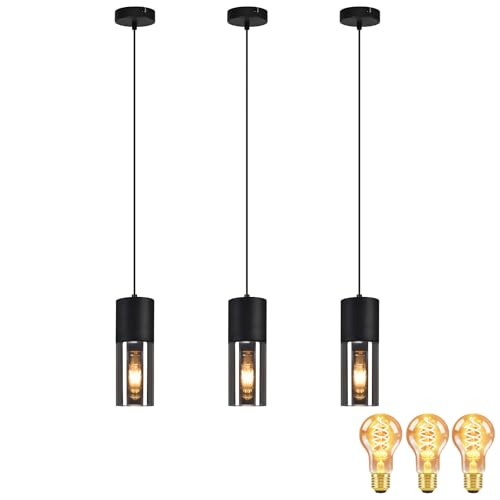 Lichtmaler Pendelleuchte 1 Flammig Pendellampe Esstisch - 3 Stück Hängeleuchte Schwarz E27 Glas Schwarz Hängelampe Metall für Küche Wohnzimmer Schlafzimmer, mit Leuchtmittel von Lichtmaler