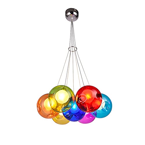 Lichtsse LED Kronleuchter Pendelleuchte Farbige Bubble Ball Lampe Hängelampe Glas Esszimmerlampe Für Mehrflammige Leuchten Buntglas Wohnzimmerlampe Modern Pendelleuchte Höhenverstellbare 120CM, 7Kopf von Lichtsse