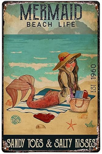 Strandschild Metallschild Meerjungfrau Strandleben Sandy Toes Salty Kisses Blechschild Metallschild Poster Bar Bistro Coffee Shop Wanddekoration Retro Metallplatte 30,5 x 20,3 cm von Licpact