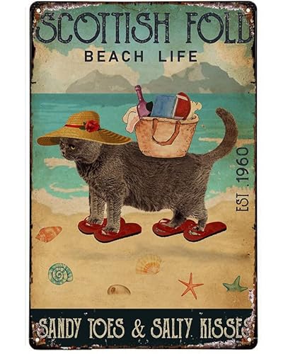 Strandschild Metallschild Strandleben Sandy Toes Scottish Fold Blechschild Wanddekoration Metallschild Retro Blechschild Wand dekorative Schilder Kunst Dekor 30,5 x 20,3 cm von Licpact