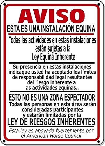 Supplemental Equine Liability Schild Spanisches Warnstatut Pferd Stall Bauernhof Metallschild 30,5 x 20,3 cm von Licpact