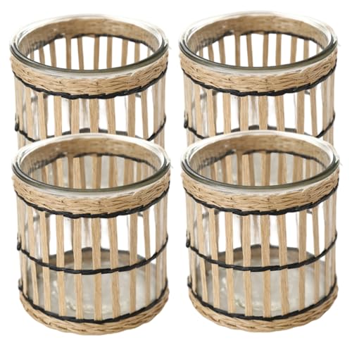 Boho -Kerzenhalter, 4pcs gewebte Rattan mit Glasbechern für Teelicht, Tisch, Küchendekoration von Licsaliwe
