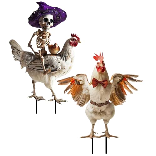Halloween Chicken Skelett, 2pcs 2D Metall Rooster Yard Decor mit Pfähten für Garten im Freien von Licsaliwe
