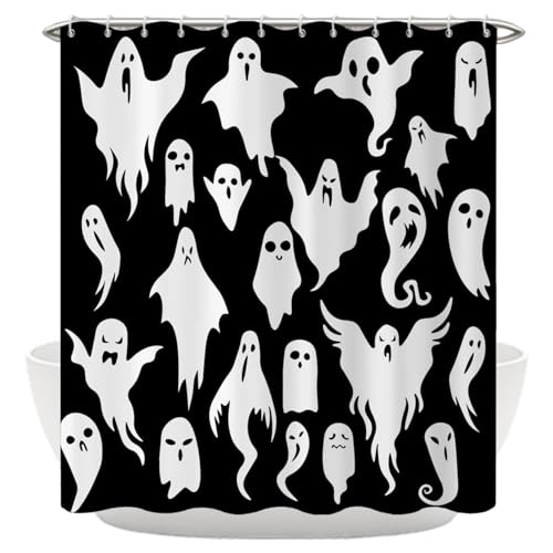 Halloween Duschvorhang wasserdicht, Geistermuster gruseliges Badezimmerdekor, 71 x 71in schwarz und weiß von Licsaliwe