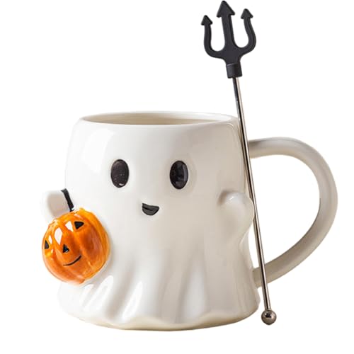 Licsaliwe Ghost Coffee Becher mit Rührer, süße Keramik Halloween Cup für Männer Frauen Kinder, 400 ml Kapazität von Licsaliwe