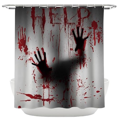 Licsaliwe Halloween Duschvorhang Hilf Mir, blutige Hände Horror beängstigende Badezimmerdekor, 71x71in wasserdicht von Licsaliwe