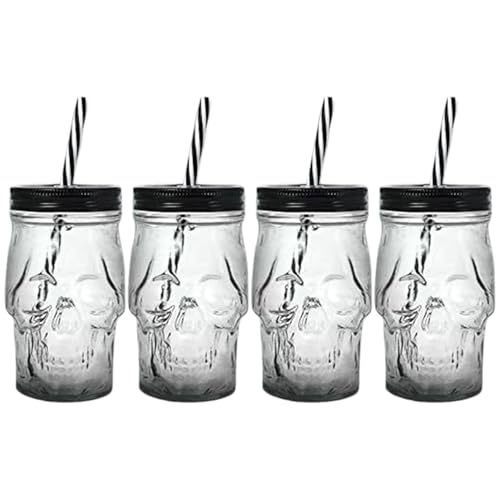 Schädelbecher, 4pcs 17oz Clear Glass Halloween Trinkgläser mit Deckel und Strohhalmen für Kaffee, Wasser, Saft von Licsaliwe