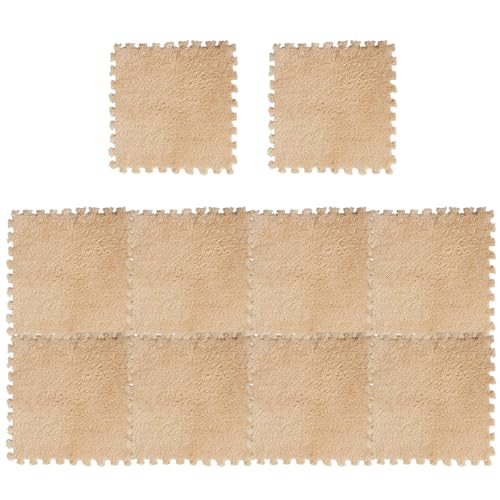 Teppichfliesen, 10pcs Plüsch nicht rutsch ineinandergreifende Bodenmatten für Kinderzimmer, Veranda, Schlafzimmer, EVA-Schaum/12 x 12 Zoll (hellbraun) von Licsaliwe
