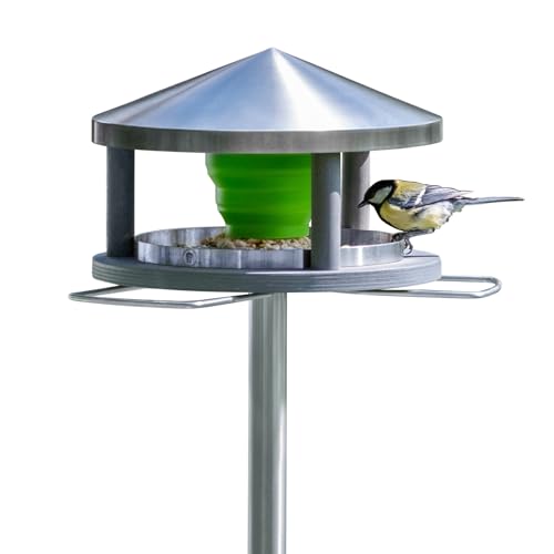 LicusDesign Vogelhaus mit Ständer wetterfest aus Edelstahl - Stabiles Vogelfutterhaus für draußen, modern aus Metall - Vogelfutterstation - Futterhaus für Vögel stehend von LicusDesign