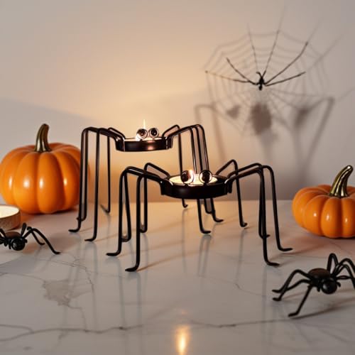 Halloween Deko Spinne Kerzenständer, 2 Stück Spinnen Halloween Tischdeko Teelichthalter, Helloween Deko Innen Kerzenständer für Halloweendeko Party (2er) von Lidary