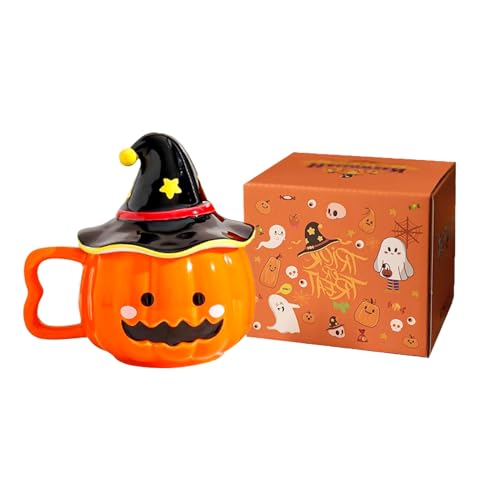Halloween Kürbis Tasse Halloween Tasse Keramik, 380 ml Helloween Deko Kürbisse Kaffeetasse mit Hexenhut Deckel, Lustige Herbstdeko Tisch Pumpkin Mug für Halloweendeko, Thanksgiving (A) von Lidary