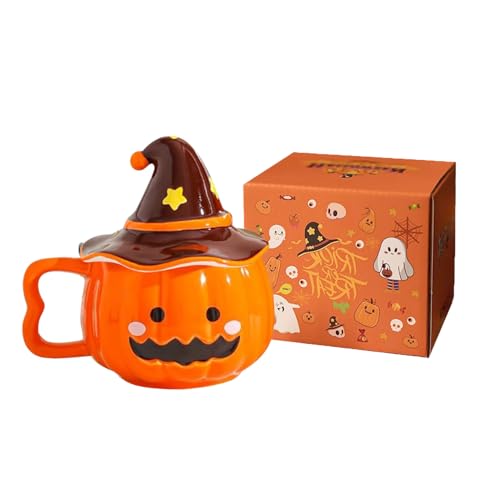Halloween Kürbis Tasse Halloween Tasse Keramik, 380 ml Helloween Deko Kürbisse Kaffeetasse mit Hexenhut Deckel, Lustige Herbstdeko Tisch Pumpkin Mug für Halloweendeko, Thanksgiving (B) von Lidary