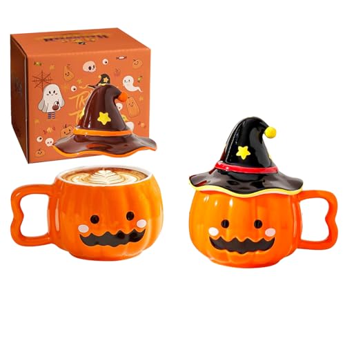 Halloween Kürbis Tasse Halloween Tasse Keramik, 380 ml Helloween Deko Kürbisse Kaffeetasse mit Hexenhut Deckel, Lustige Herbstdeko Tisch Pumpkin Mug für Halloweendeko, Thanksgiving (C) von Lidary