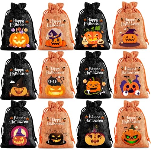 Halloween Säckchen zum Befüllen, 12 Stück Kürbis Deko Geschenk Stoffbeutel mit Kordelzug mit, Stoffsäckchen Halloween Tischdeko für Süßigkeiten Kekse Lagerung, 14x10cm (A) von Lidary