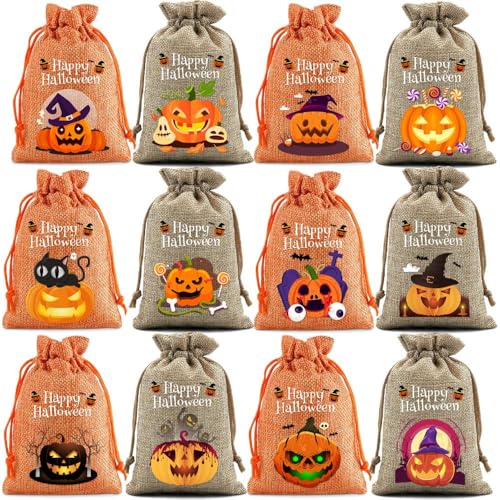 Halloween Säckchen zum Befüllen, 12 Stück Kürbis Deko Geschenk Stoffbeutel mit Kordelzug mit, Stoffsäckchen Halloween Tischdeko für Süßigkeiten Kekse Lagerung, 14x10cm (B) von Lidary
