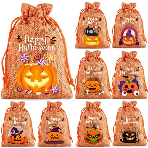 Halloween Säckchen zum Befüllen, 12 Stück Kürbis Deko Geschenk Stoffbeutel mit Kordelzug mit, Stoffsäckchen Halloween Tischdeko für Süßigkeiten Kekse Lagerung, 14x10cm (C) von Lidary