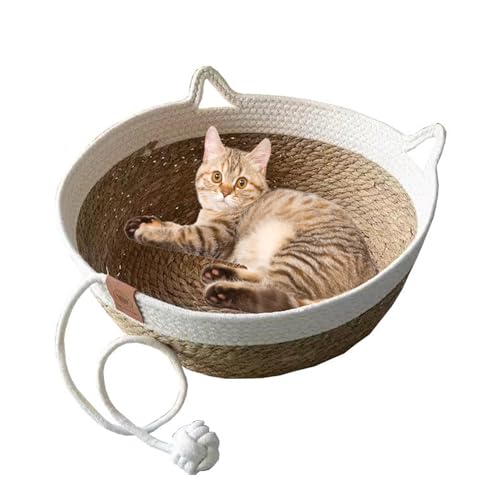 Katzenbett Rattankorb, Rund Katzenkorb, Handgewebtes Baumwollseil Katzenhöhle mit Katzen Spielzeug Schwanz, Katzenbett Waschbar Katzenkörbchen für DASS Sich Ihr Haustier Wohlfühlt (A, M) von Lidary