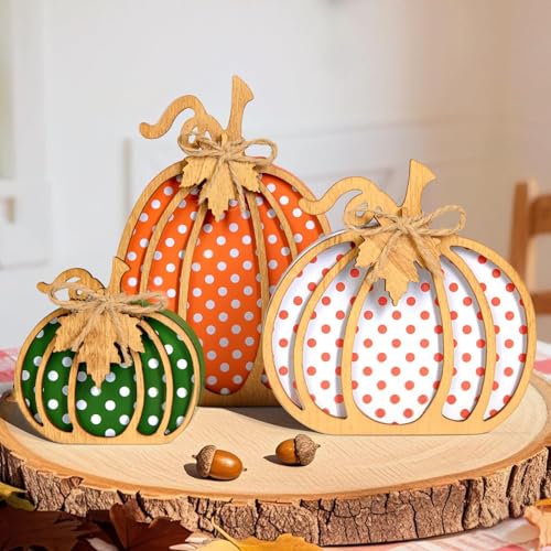 Lidary Herbstdeko Kürbis, 3 Stück Holz Kürbis Deko mit Herbstblätter Schild, Herbst Deko Kürbisse Holzschild, Herbstdeko Innen für Halloweendeko Thanksgiving Fenster Tischdeko (C) von Lidary