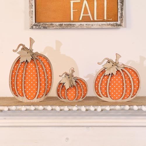 Lidary Herbstdeko Kürbis, 3 Stück Holz Kürbis Deko mit Herbstblätter Schild, Herbst Deko Kürbisse Holzschild, Herbstdeko Innen für Halloweendeko Thanksgiving Fenster Tischdeko (D) von Lidary