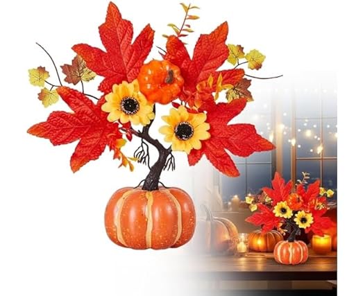 Lidary Herbstdeko Kürbis Deko | Herbst Deko Kürbis mit Sonne Blume, Künstliche Ahornblätter Herbstdeko Tisch, Herbst Dekoration Kürbisse Herbstblätter für Erntedankfest, Halloween Tischdekoration (A) von Lidary