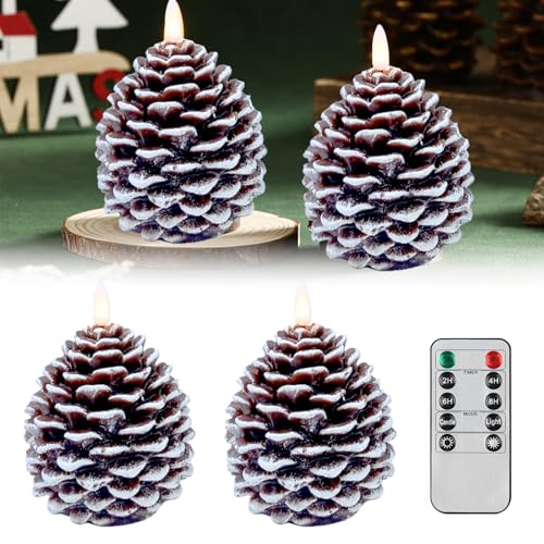 Tannenzapfen LED Kerzen mit Timerfunktion | 2 PCS Tannenzapfen Deko Kerzen LED Flackernd, Flammenlose Pinienzapfen Weihnachtsdeko Tisch für Herbstdeko und Weihnachtsdeko (A) von Lidary