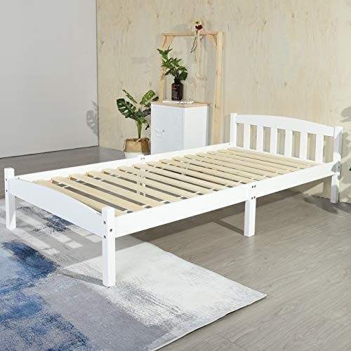 LiePu Holzbett Einzelbett Jugendbett, Kiefer Massivholzbett, Bettgestell mit Lattenrost und Kopfteil, 90 x 190 cm, Weiß von LiePu