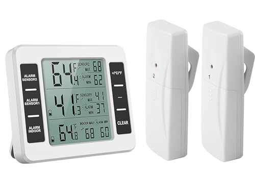 Drahtloses Digitales Hörbares Kühlschrankthermometer Gefrierschrank Thermometer mit 2-teiliger Sensor-Min-Maximum-Anzeige Temperatur Alarm von LiebeWH
