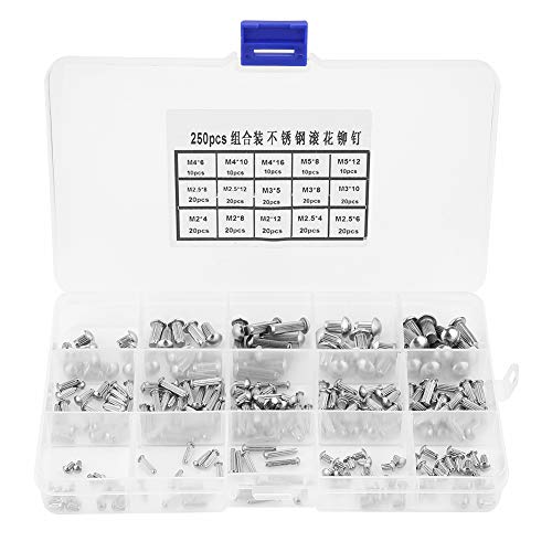 LiebeWH 250pcs Vollnieten, M2-M5 Edelstahl Rundkopf Rändelschaft Niet Sortiment Set Hardware Werkzeuge von LiebeWH