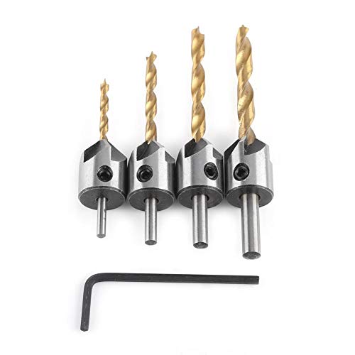 Senkbohrer Set HSS Holz Senker Bohrer Set Runder Schaft Countersink Drill Werkzeug zum Bohren von Löchern auf Holz Kunststoff(4-piece set + small wrench (3-6mm)) von LiebeWH