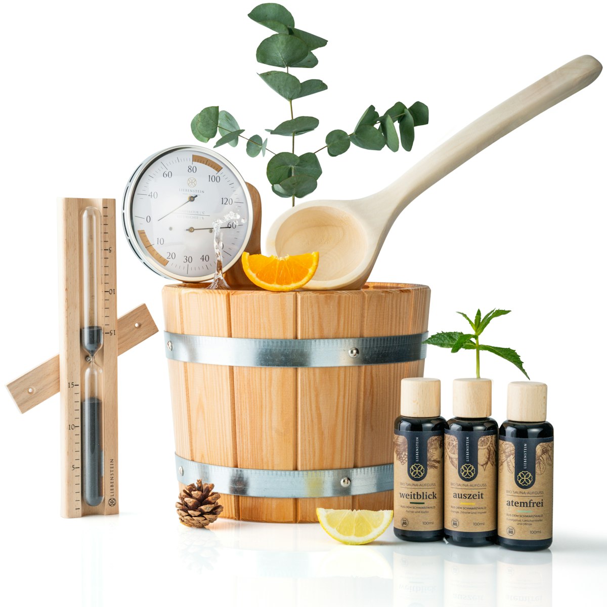 Liebenstein 7-teiliges Premium-Komplettset – Lärchenholz Saunaeimer mit Kelle, 3 x Sauna-Aufguss, Sanduhr & Hygro-/Thermometer von Liebenstein