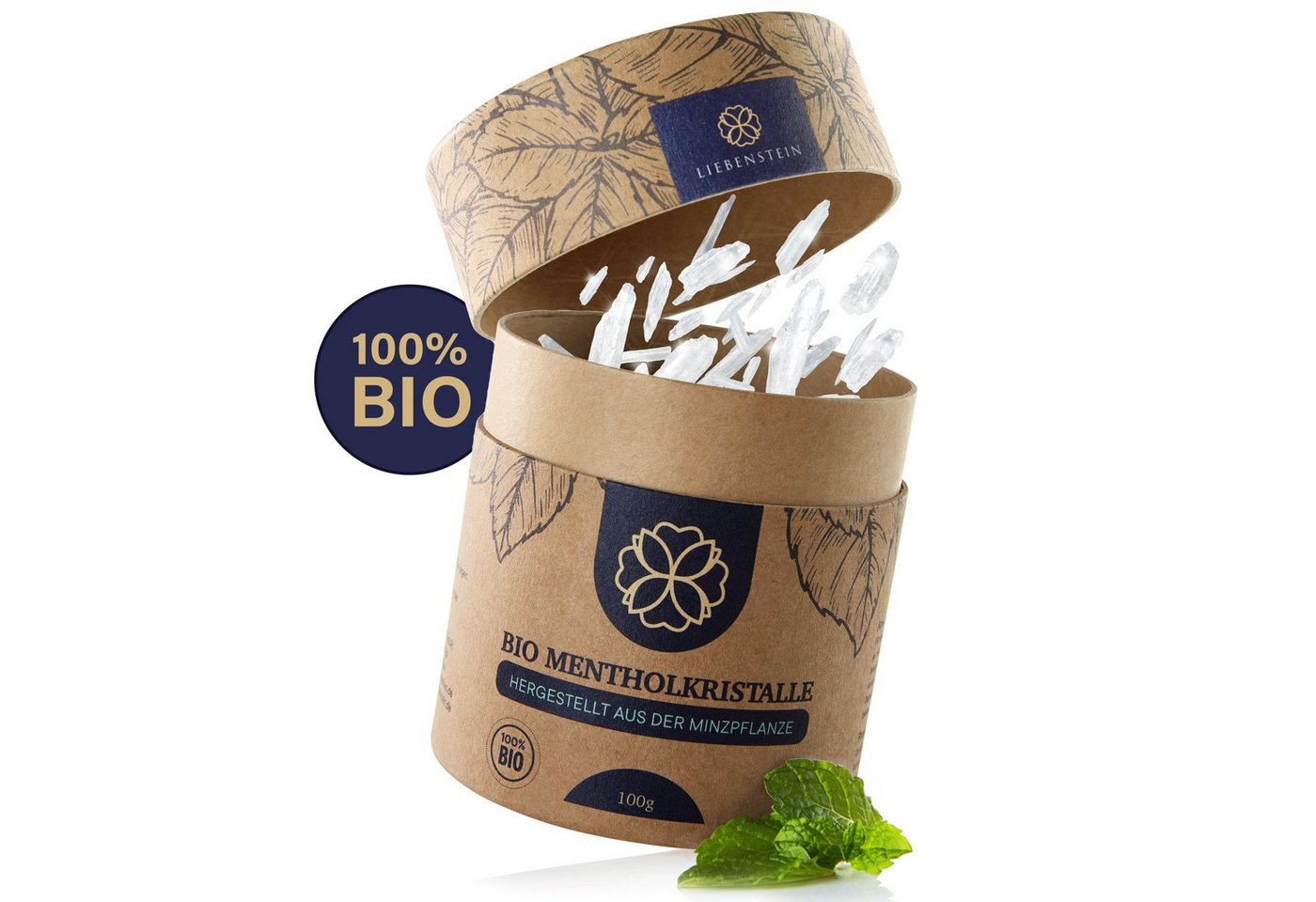 Liebenstein Sauna-Aufgussset BIO Mentholkristalle (1-tlg) [100g] – nachhaltige Verpackung und Dosierlöffel aus Holz –100% Minze von Liebenstein