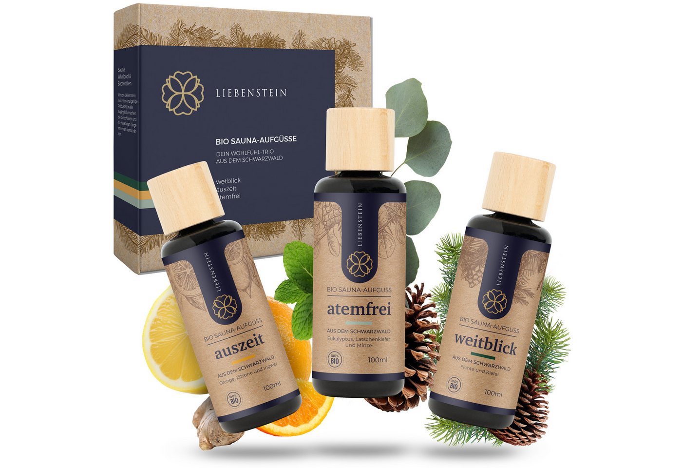 Liebenstein Sauna-Aufgussset Wohlfühl-Trio mit 100% naturreinen Bio Ölen (BIO Saunaaufguss SET - regional und nachhaltig, 3-tlg., [3x100ml Sauna Aufgussmittel) Schwarzwald Sauna Set für ein intensives Dufterlebnis. von Liebenstein