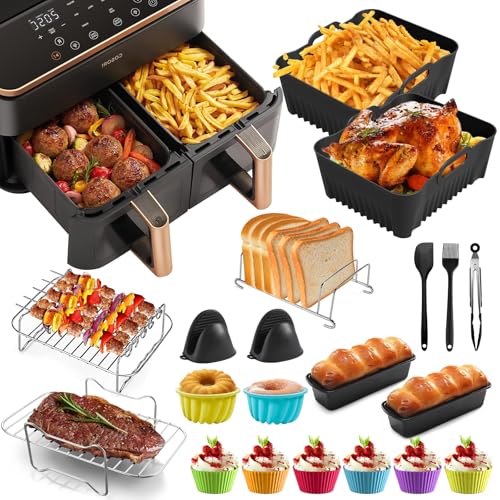 Heißluftfritteuse Zubehör 20 Stück, Airfryer Zubehör für Cosori 8.5 L Double Stack, Kompatibel mit Cookwise 9L & Russell Hobbs 9L Heißluftfritteuse, Silikonform Set mit Grill und Brotbackblech von Lieberwell