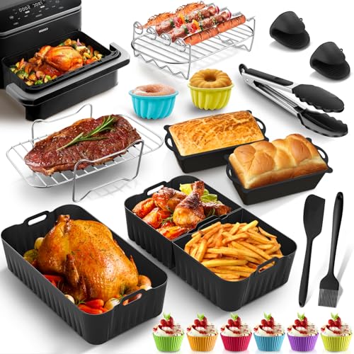 Heißluftfritteuse Zubehör für Cosori Dual Blaze Twinfry XXL 10L, 20 Stück Airfryer Zubehör Set mit Edelstahl Grill und 1 x 10 L & 2 x 5 L Silikonform Einsatz, 230° Hitzebeständig, Leicht zu Reinigen von Lieberwell