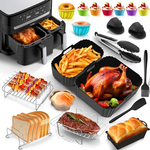 Heißluftfritteuse Zubehör für Tefal EY9018 Dual Easy Fry 8,3 L, 20 Stück Airfryer Zubehör Set mit Edelstahl Grill und 1 x 5,2 L & 1 x 3,1 L Silikonform Einsatz, 230° Hitzebeständig, Leicht zu Reinigen von Lieberwell