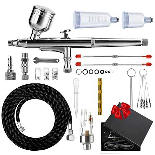 Airbrush Set Doppelaktion Airbrushpistole Kit, Mehrzweck Tragba Air Brush Kit, mit 0,2mm 0,3mm 0,5mm Düsen, 9cc 20cc 40cc Becher, Schlauch und Reinigungsset, Airbrush Zubehör für Malen Tattoo Nail Art von Lieberwell