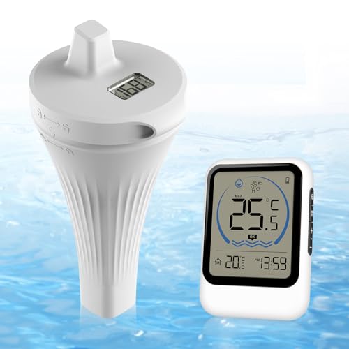 Poolthermometer Schwimmend, IP68 Wasserdicht Digital Pool Thermometer, Funk Schwimmbad Thermometer mit Digitalem Innentemperatur Empfänger, für Pool, Whirlpool und Aquarium, Reichweite Bis Zu 100m von Lieberwell