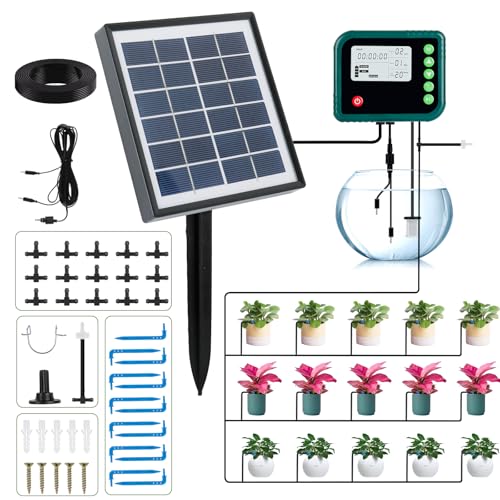 Solar Automatisches Bewässerungssystem mit LED-Anzeige, Automatisches Tropfbewässerungs Set Pflanzenbe Wässerungsgerät mit 880 Timer Modi und 15M Schlauch, für Garten, Balkon, Kübelpflanzen im Freien von Lieberwell