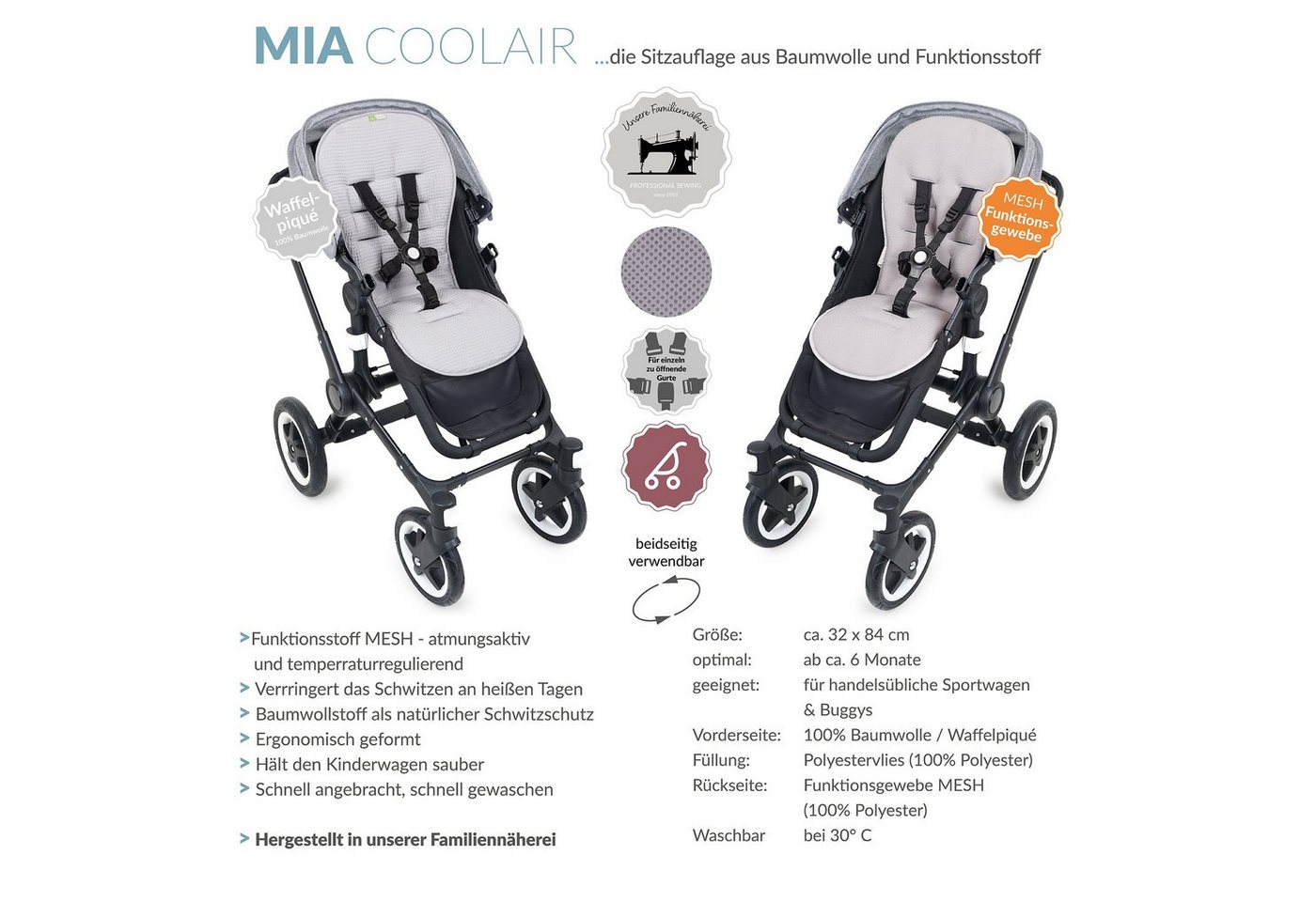 Liebes von priebes Kinderwagen-Sitzauflage COOLAIR Sitzauflage für Kinderwagen und Buggy, Funktionssitzauflage von Liebes von priebes